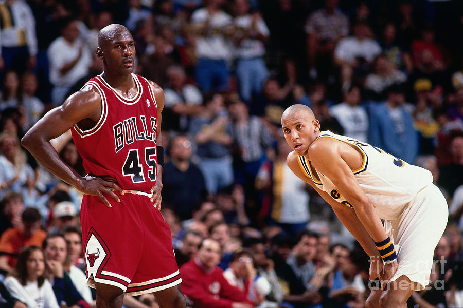 Reggie Miller and Michael Jordan Photograph by Barry Gossage Reggie Miller and Michael Jordan Photograph by Barry Gossage
