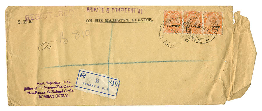 Registered OHMS envelope from Bombay, India, 1934 Photograph by Whitemay