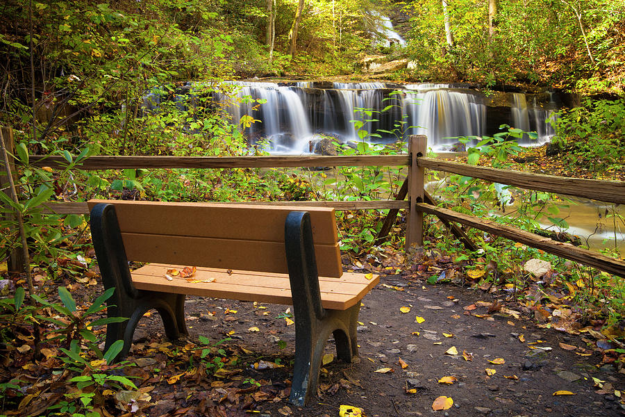 Relaxing Bench With Waterfall - Nc Waterfall Photograph