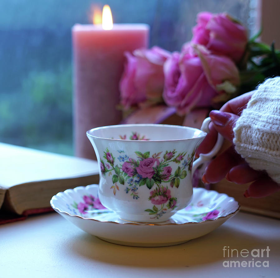 Relaxing by the window on a cold rainy day with books and cup of tea. Photograph by Milleflore Images