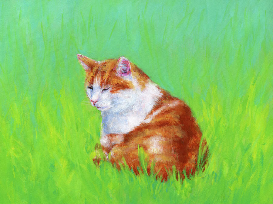 Relaxing cat in the green Painting by Karen Kaspar