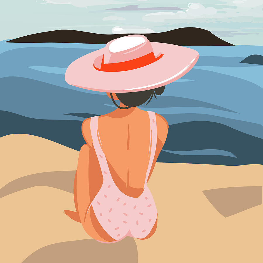 Relaxing girl in pink hat on beach landscape background, Hand drawn cartoon  summer time illustration Drawing by Mounir Khalfouf - Pixels