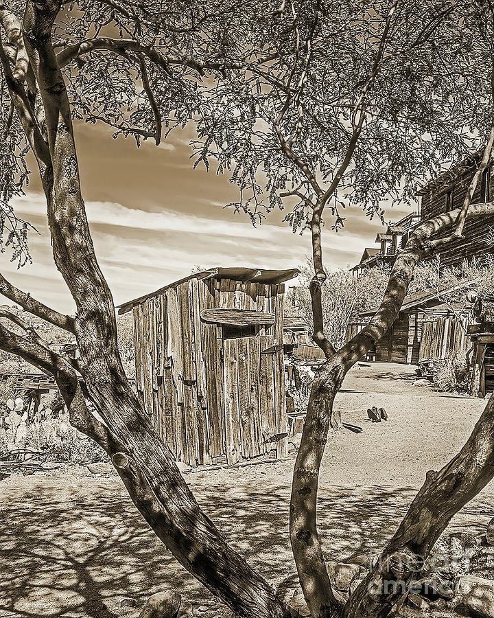 Relief In Sight, Outhouse, Sepia, Goldfield Ghost Town, Arizona Photograph by Don Schimmel