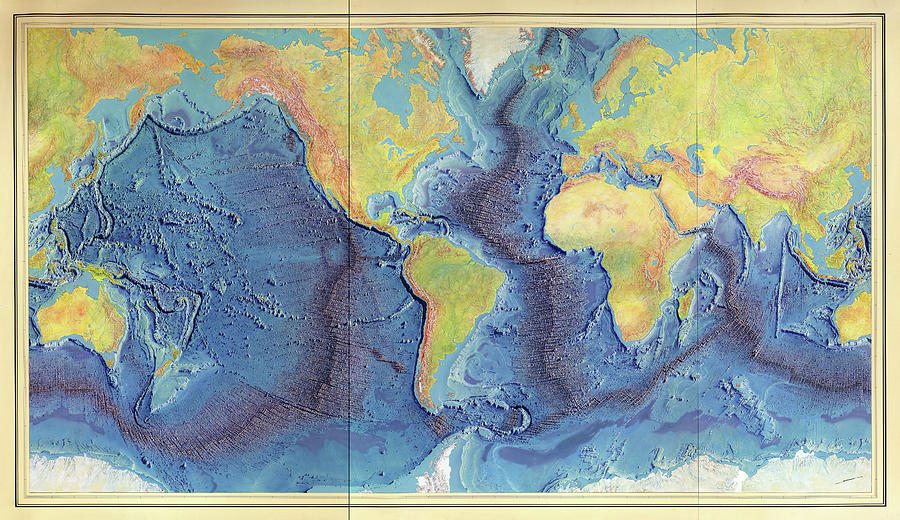 Map Drawing - Relief map of the World Ocean Floor by Vintage Maps