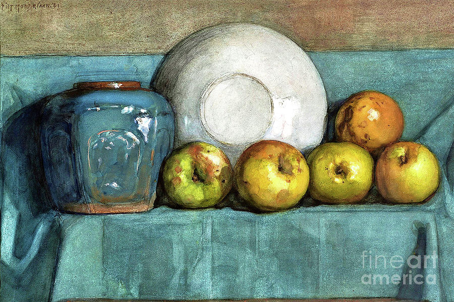 Remastered Art Apples Ginger Pot And Plate On A Ledge by Piet Mondrian 20231104 Painting by Piet Mondrian