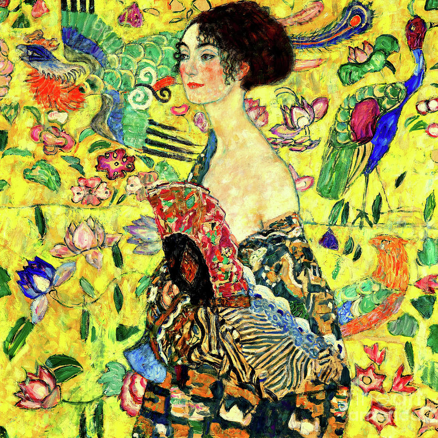 Remastered Art Dame Mit Facher aka Lady With Fan by Gustav Klimt 20220403 square Painting by Gustav-Klimt