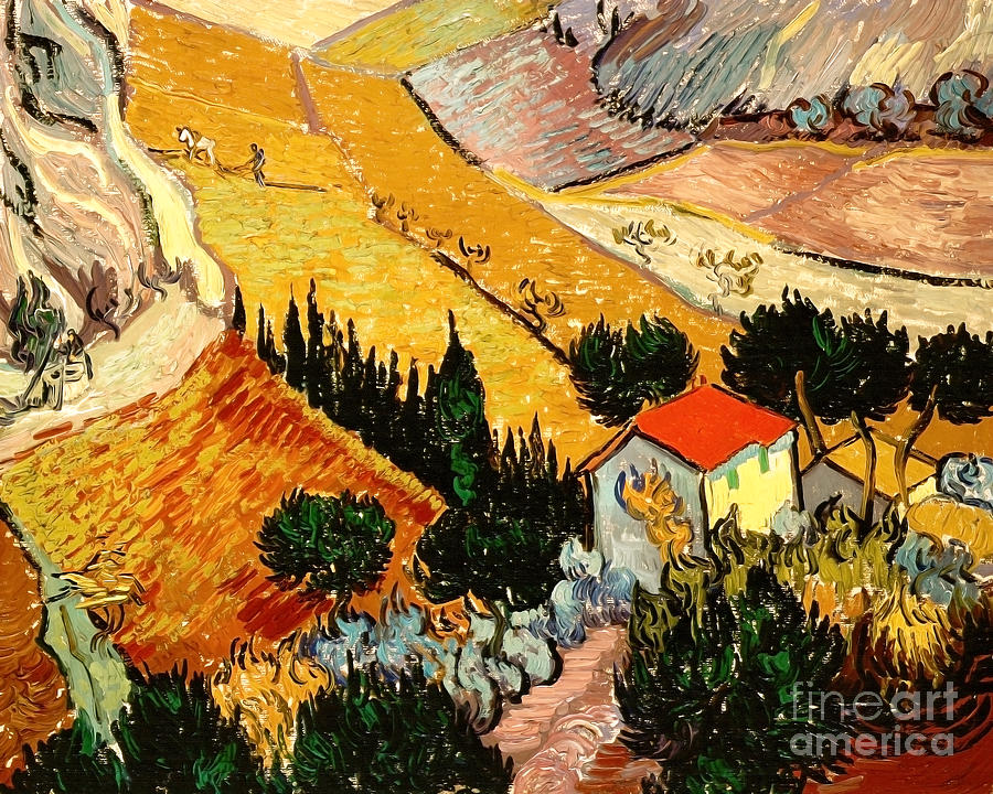 Remastered Art Landscape With House And Ploughman by Vincent Van Gogh 20231021 Painting by Vincent Van-Gogh
