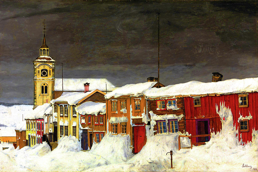 Remastered Art Street In Roros In Winter by Harald Oskar Sohlberg 20220512 Painting by Harald Oskar Sohlberg