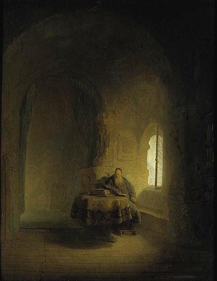 Rembrandt - An Old Scholar Near a Window in a Vaulted Room Painting by Les Classics