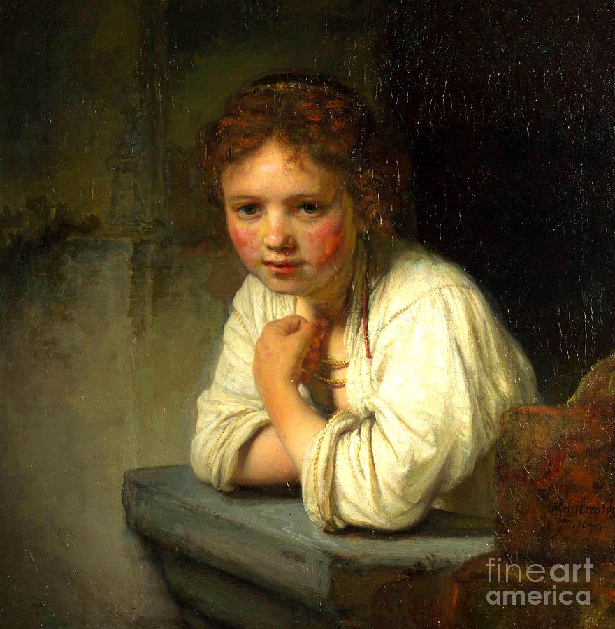 Rembrandt Painting - Rembrandt van Rijn - A Young Girl Leaning on a Window by Alexandra Arts