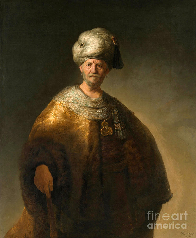 Rembrandt van Rijn - Man in oriental costume Painting by Alexandra Arts