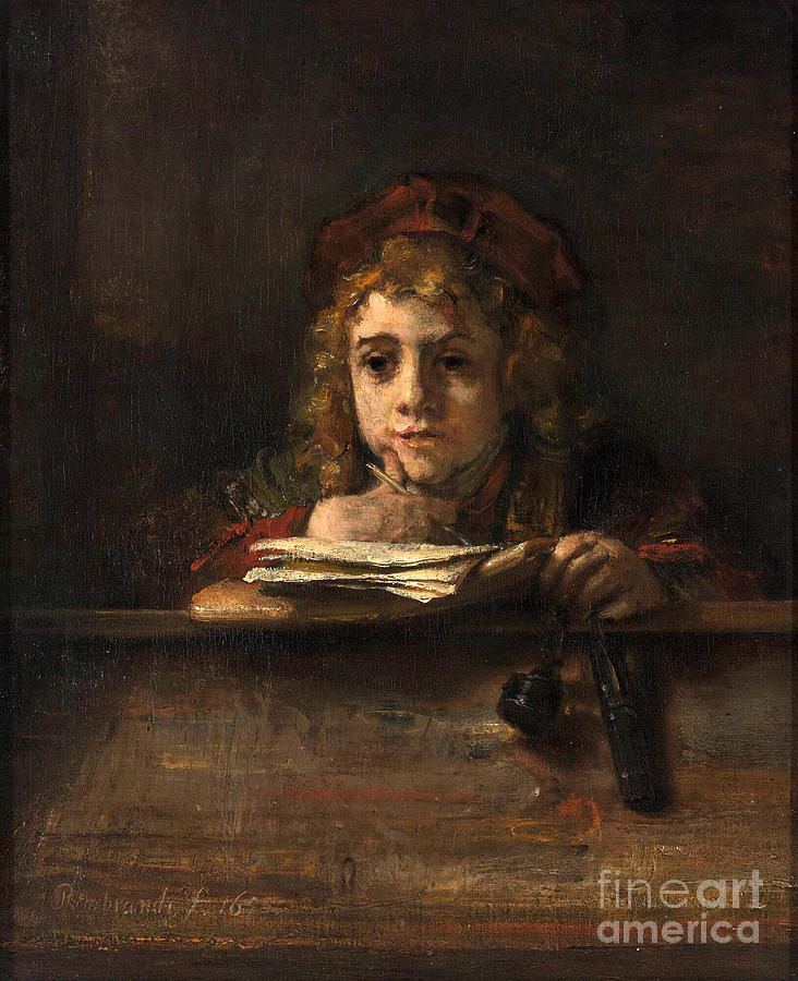 Rembrandt van Rijn - Titus at his table Painting by Alexandra Arts