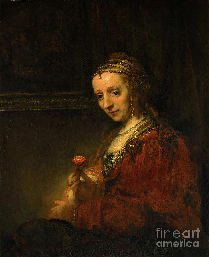 Rembrandt van Rijn - Woman with a pink rose Painting by Alexandra Arts