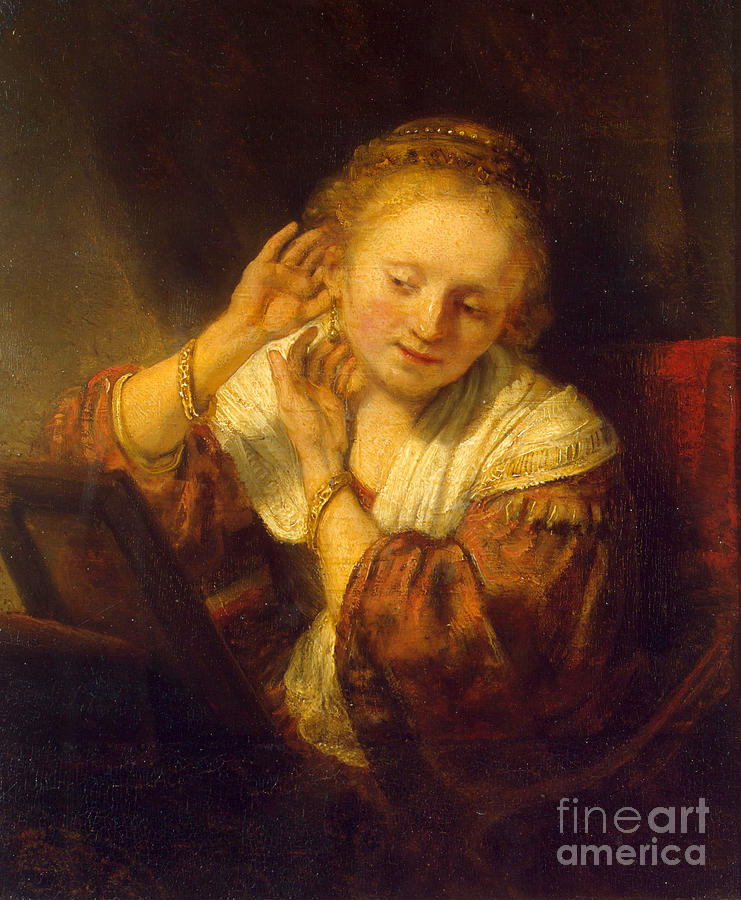 Rembrandt van Rijn - Young Woman Trying Earrings Painting by Alexandra Arts