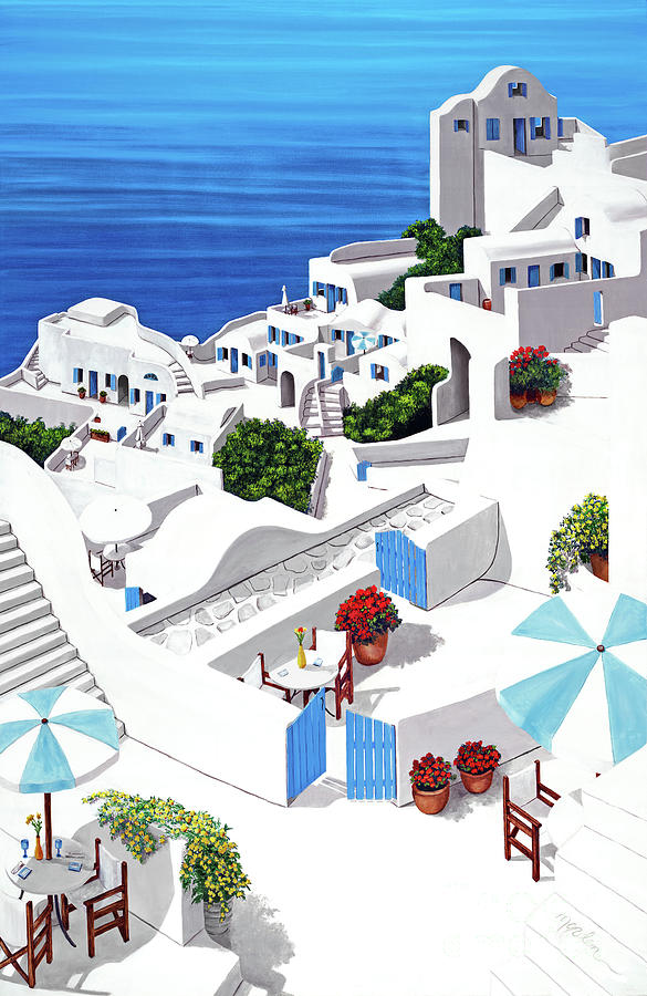 Remembering Santorini-prints original view Painting by Mary Grden