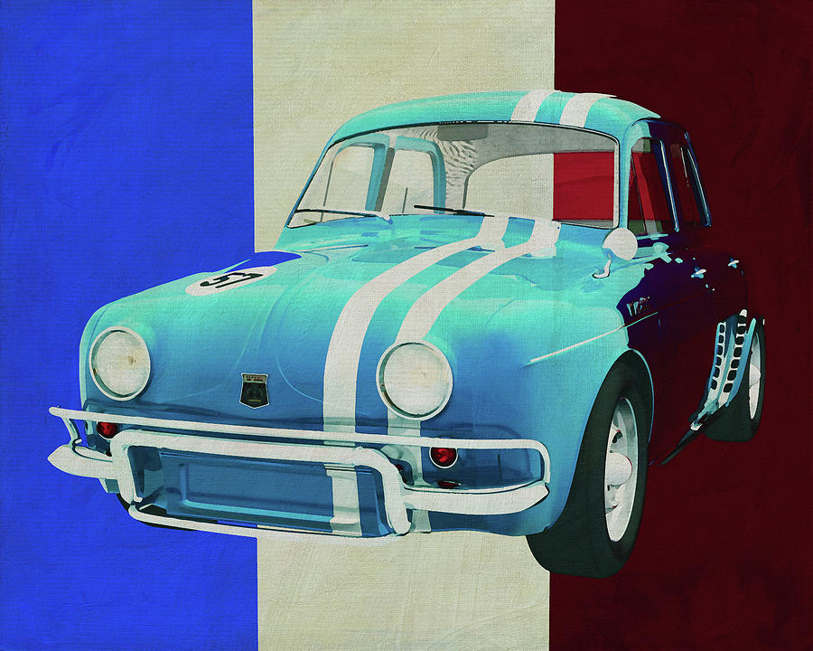 Renault Dauphine Gordini from 1957 in front of French flag. Painting by Jan Keteleer