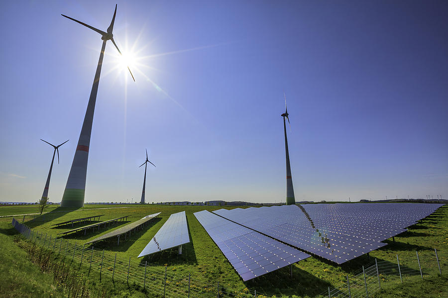 renewable energy: wind turbines and modern solar panels (HDRi) Photograph by Republica