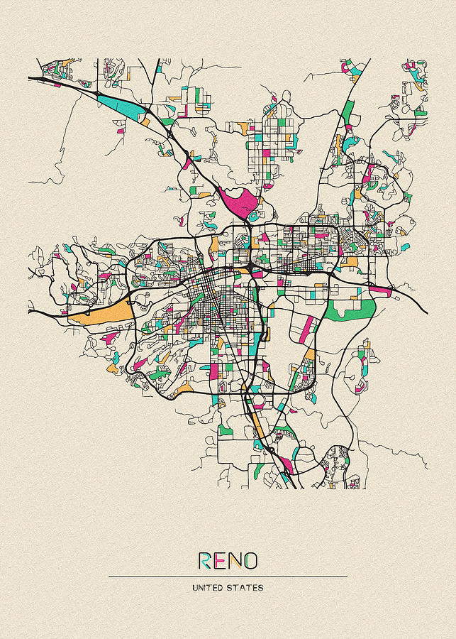 Reno, Nevada City Map Drawing by Inspirowl Design