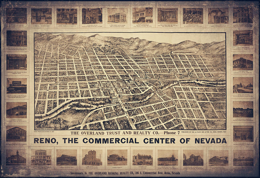 Reno Photograph - Reno Nevada Vintage Map Birds Eye View 1907 Sepia by Carol Japp
