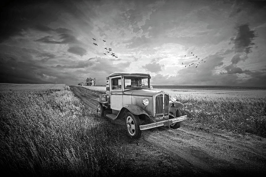 REO Speedwagon Truck on a prairie dirt road at sunset in Black a Photograph by Randall Nyhof