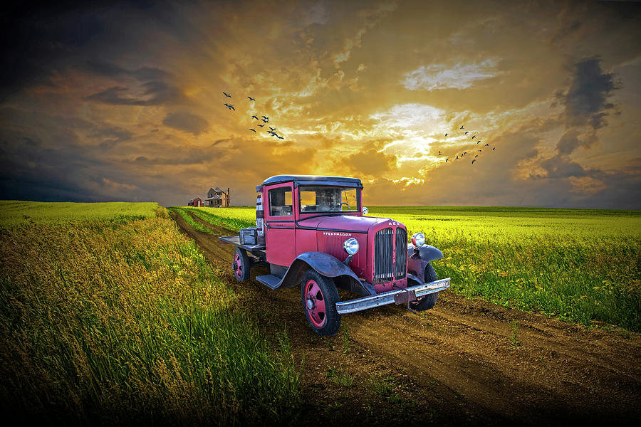 Reo Speedwagon Truck On A Prairie Dirt Road At Sunset Photograph