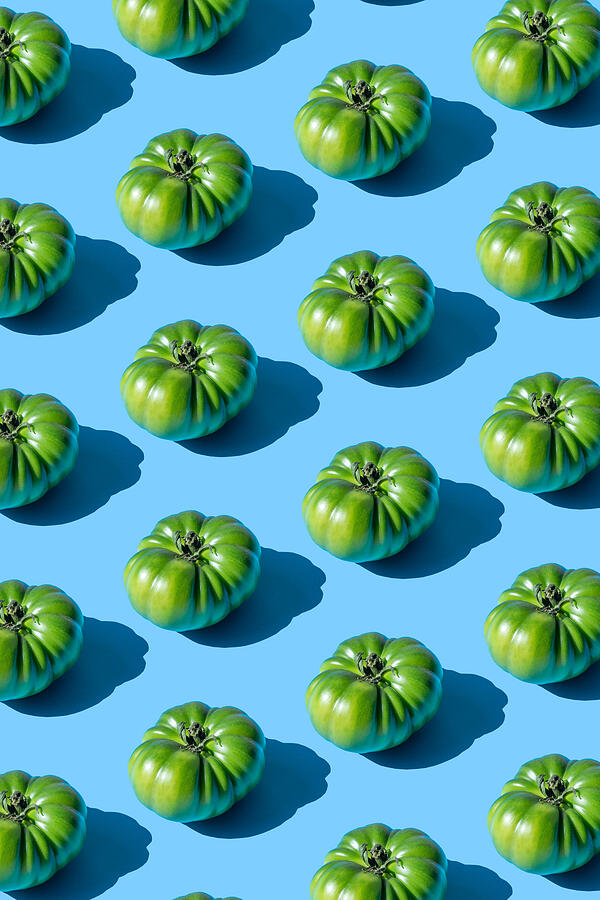 Repeated green tomatoes on the blue background Photograph by Yulia Reznikov