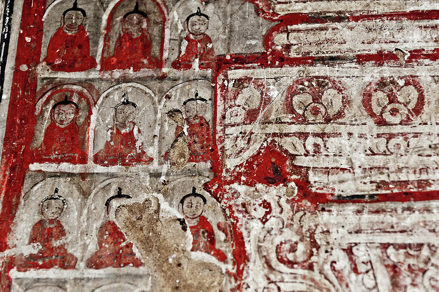 Repeating patterns, ancient painted fresco of Buddha, Myanmar Photograph by Lie Yim
