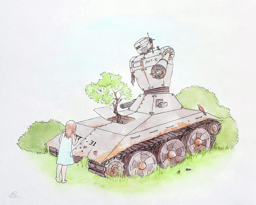 Sci Fi Painting - Repurposed / sci-fi dystopian robot war tank and girl by V Leigh Carr