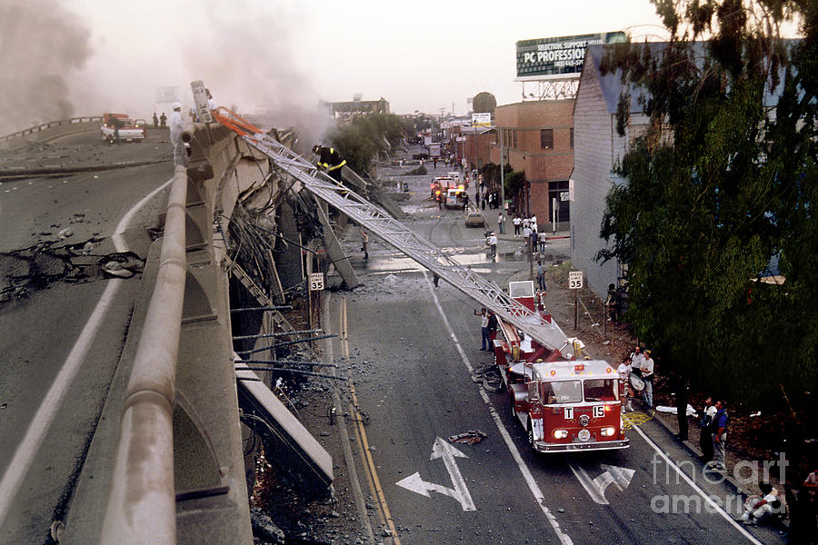 Rescue Crews and Firetruck, Cypress Freeway Oakland Photograph by Photovault Archives