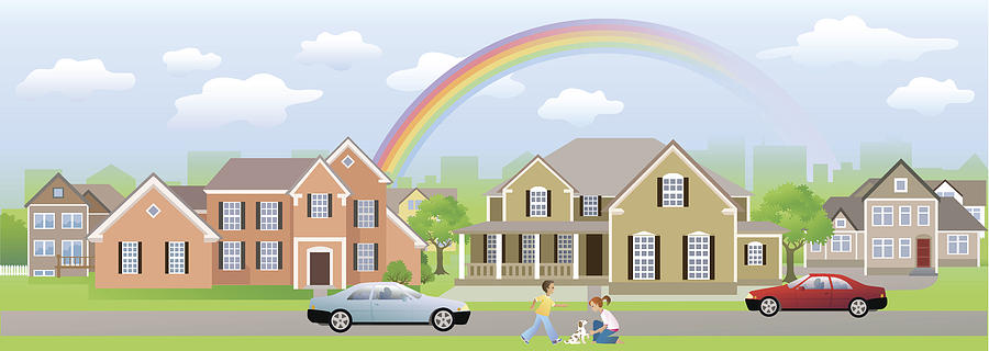 Residential Area Neighbour with Children Playing, Cars and Rainbow Drawing by Art-Y