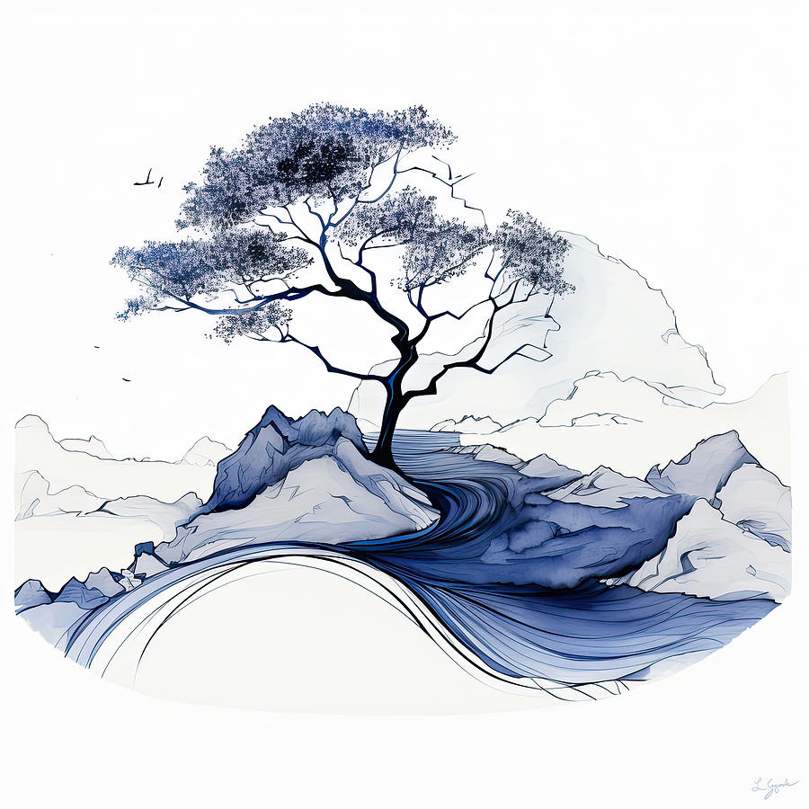 Resilience of Life - Navy Blue and White Art Painting by Lourry Legarde