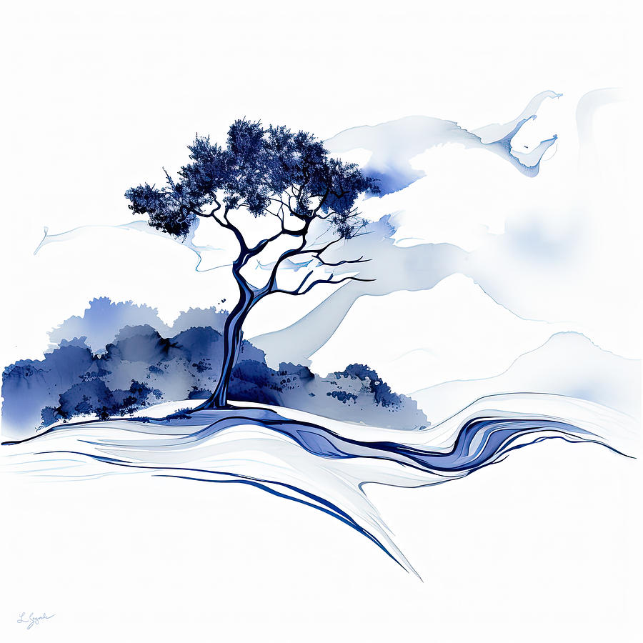 Resilient Tree - Blue and White Minimalist Art Painting by Lourry Legarde