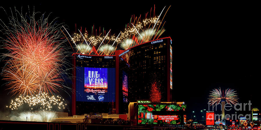 Resorts World and the Strat 4th of July Fireworks Panoramic Photo 2021 Photograph by Aloha Art