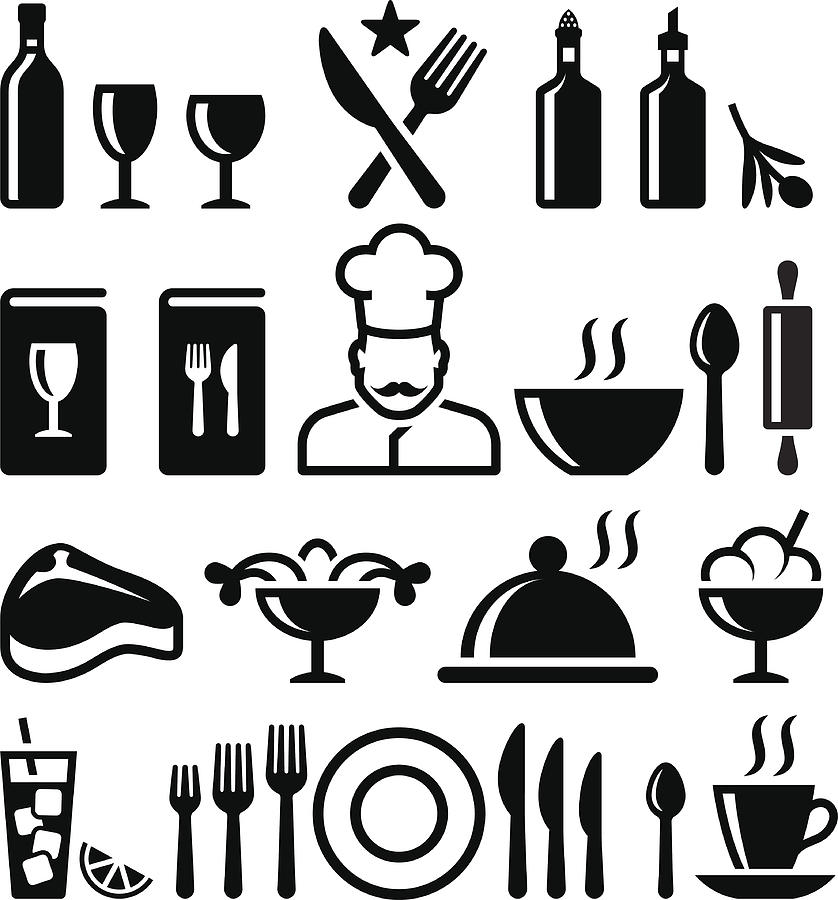 Restaurant and fine dining black & white vector icon set Drawing by Bubaone