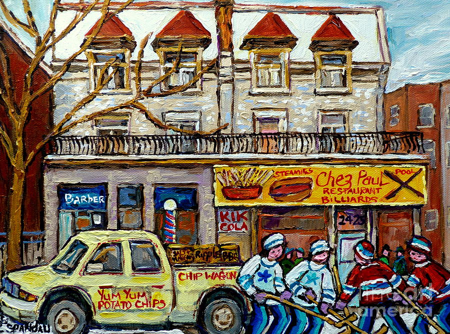 Restaurant Chez Paul Best Fast Food Pointe St Charles Montreal Winter Hockey Scene C Spandau Artist Painting by Carole Spandau