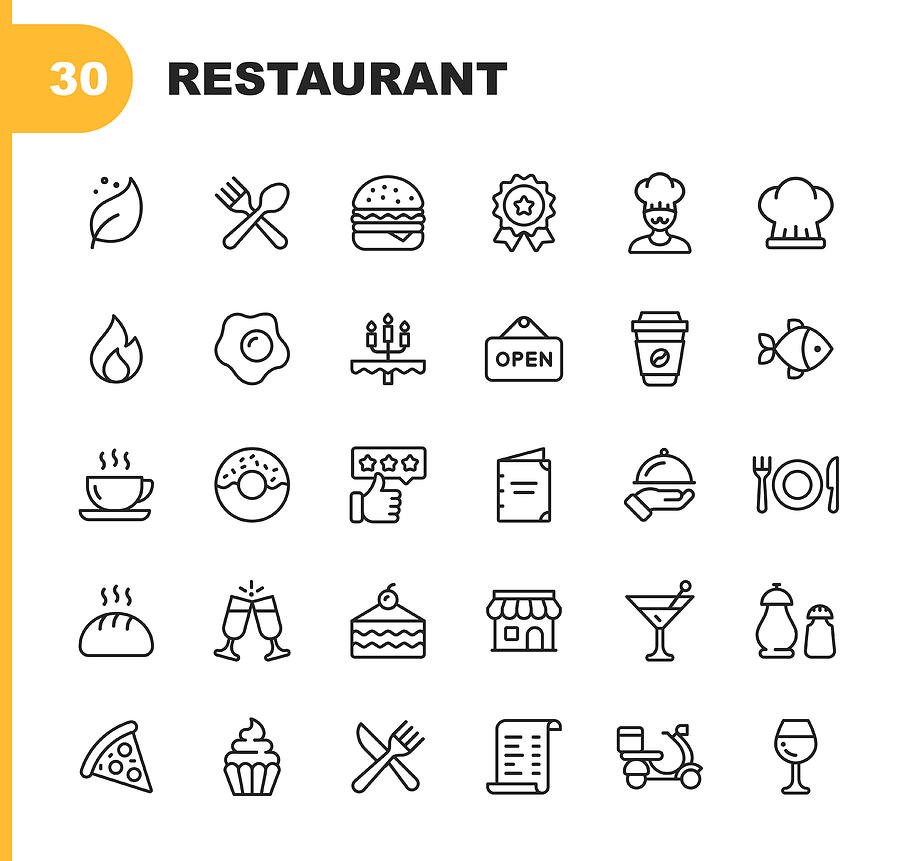 Restaurant Line Icons. Editable Stroke. Pixel Perfect. For Mobile and Web. Contains such icons as Vegan, Cooking, Food, Drinks, Fast Food, Eating.
. Drawing by Rambo182