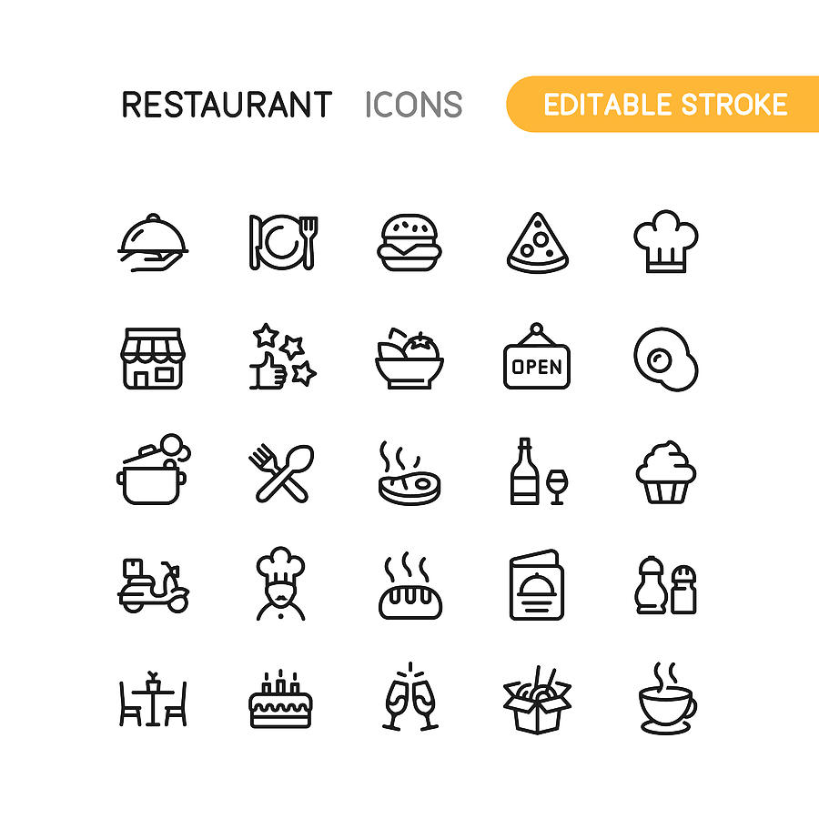 Restaurant Outline Icons Editable Stroke Drawing by Bounward