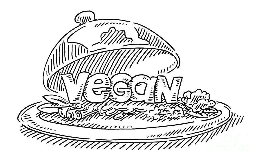 Black And White Drawing - Restaurant Plate Vegan Food Text Drawing by Frank Ramspott