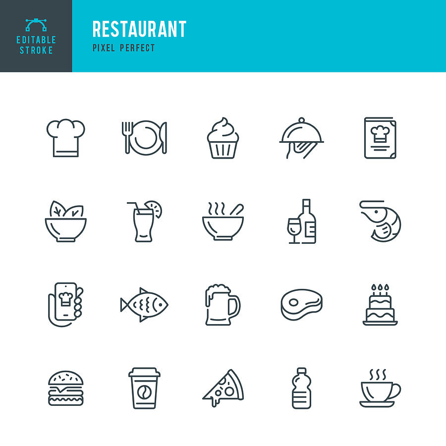 RESTAURANT - thin line vector icon set. Pixel perfect. Editable stroke. The set contains icons: Restaurant, Pizza, Burger, Meat, Fish, Seafood, Vegetarian Food, Salad, Coffee, Dessert, Soup, Beer, Alcohol. Drawing by Fonikum