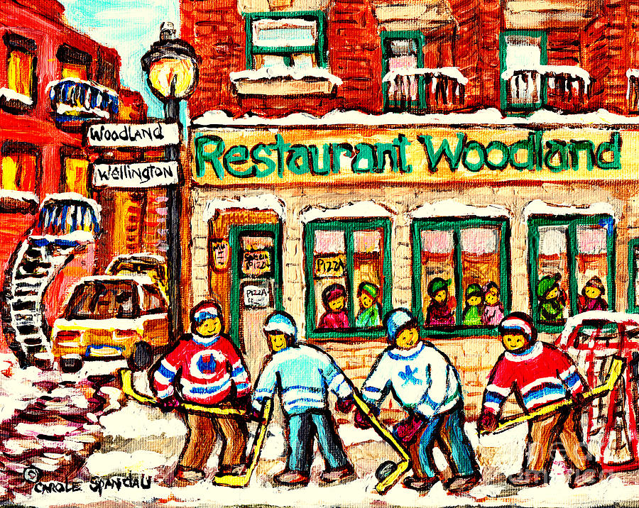 Montreal Verdun Landmark Paintings Woodland Pizza Restaurant Winter Hockey Scenes Carole Spandau Painting by Carole Spandau