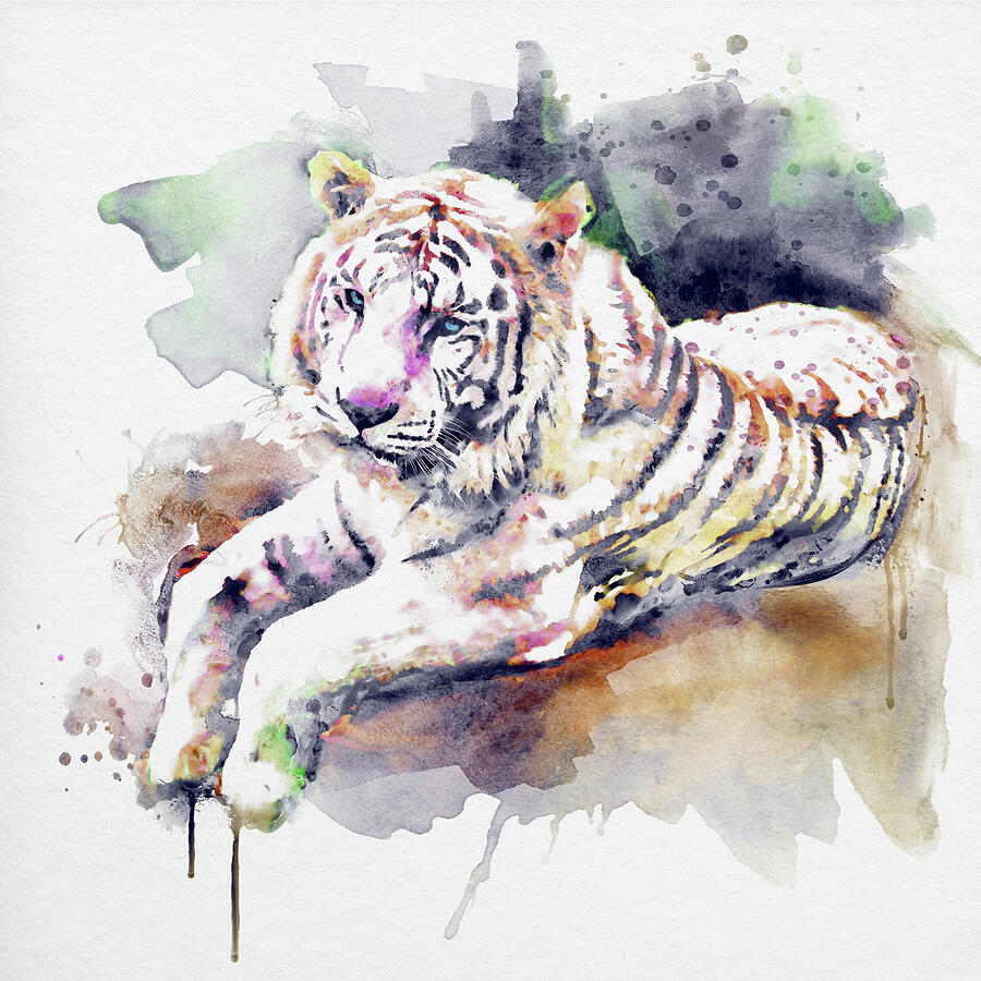 Resting and Alert Blue Eyed White Tiger Painting by Marian Voicu