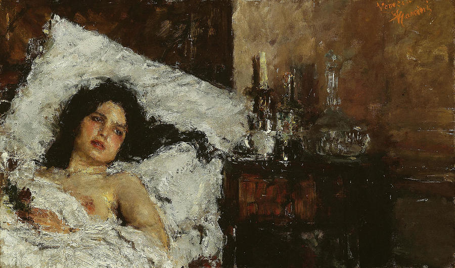 Resting. Antonio Mancini, Italian, 1852-1930. Painting by Antonio Mancini