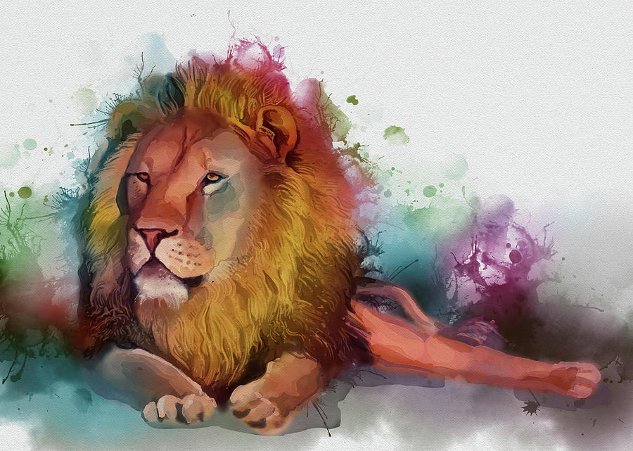 Resting Lion Watercolor Digital Art