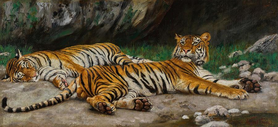 Animal Drawing - Resting Tigers by Geza Vastagh Hungarian