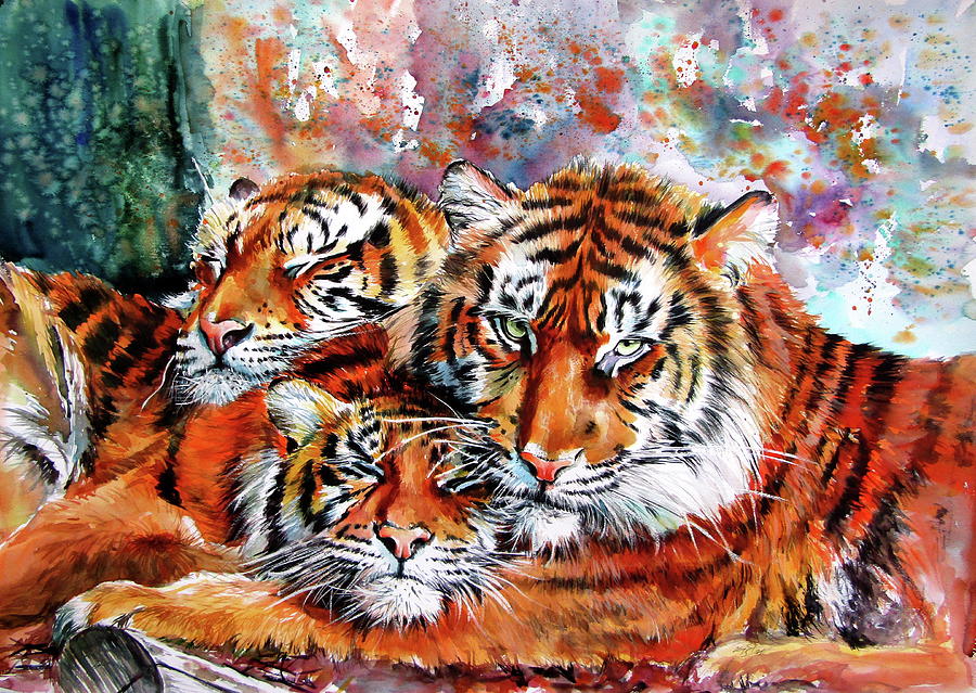 Resting tigers Painting by Kovacs Anna Brigitta