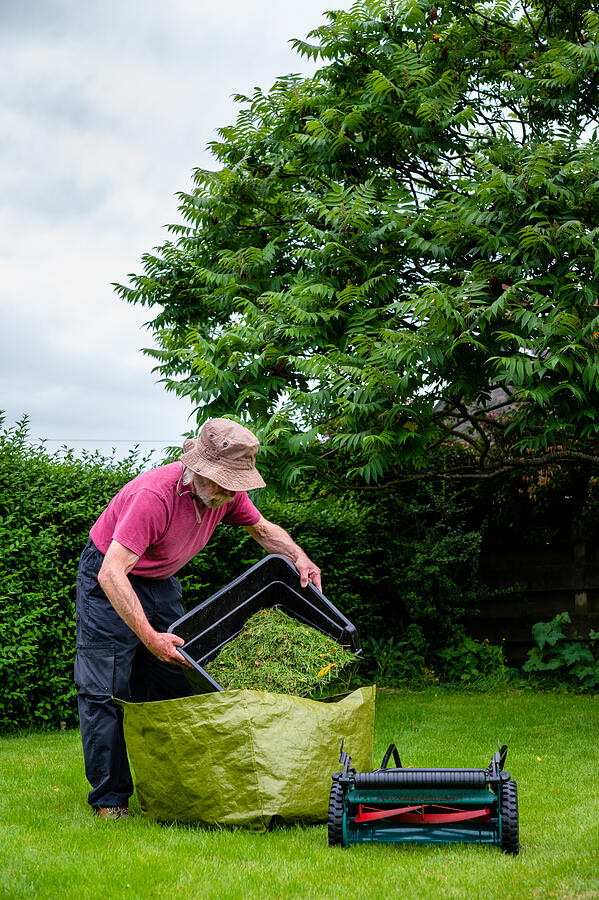 Retired man emptying cut grass from a mower box Photograph by JohnFScott