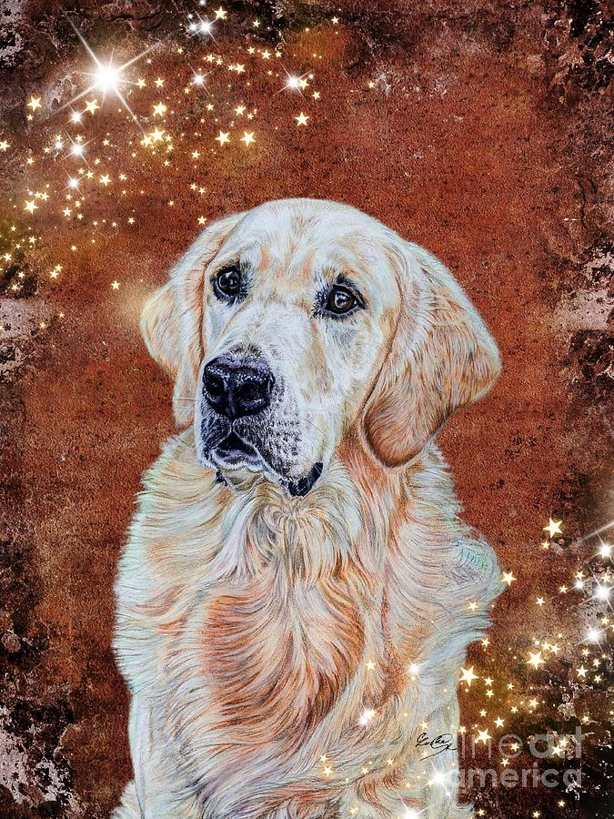 Retriever dog puppy on leather brown design background Drawing by Art ...