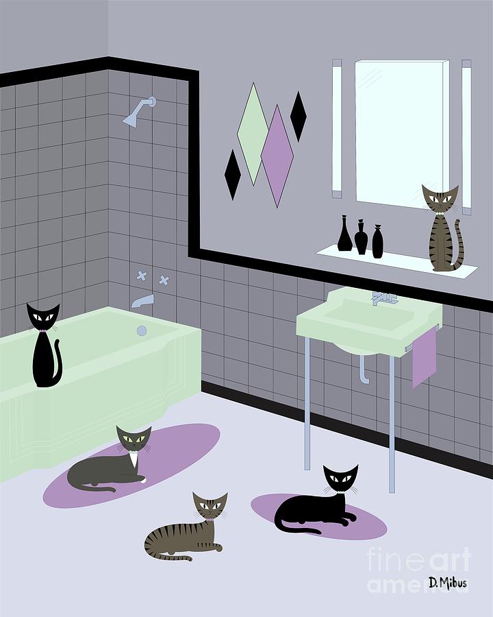 Retro Bathroom with Five Cats Digital Art by Donna Mibus