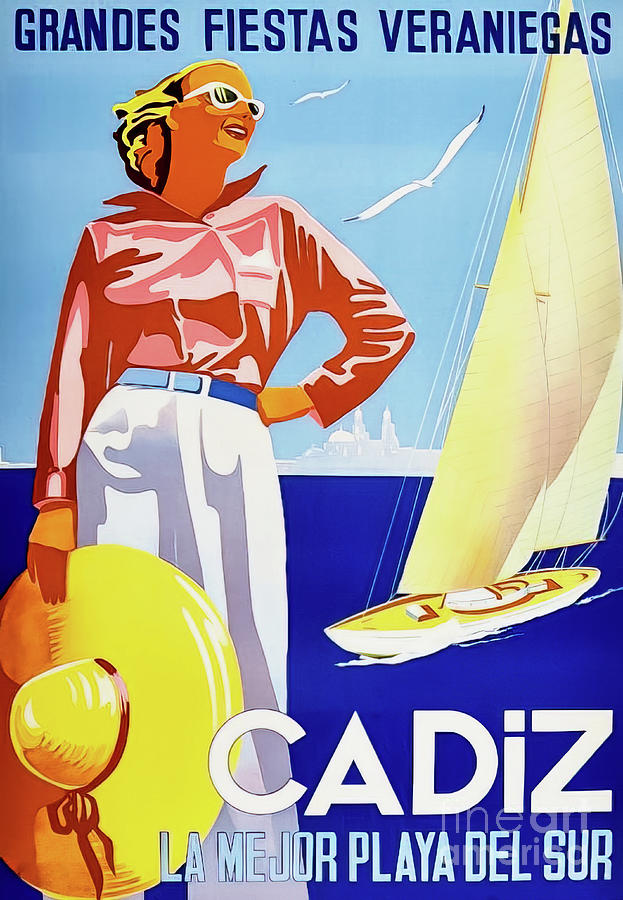 Retro Cadiz Spain Travel Poster 1956 Drawing by M G Whittingham