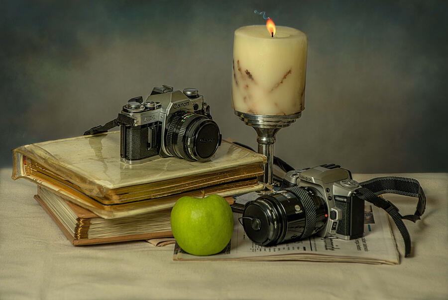 Book Photograph - Retro Cameras, Flame and Apple by Marilyn Botta